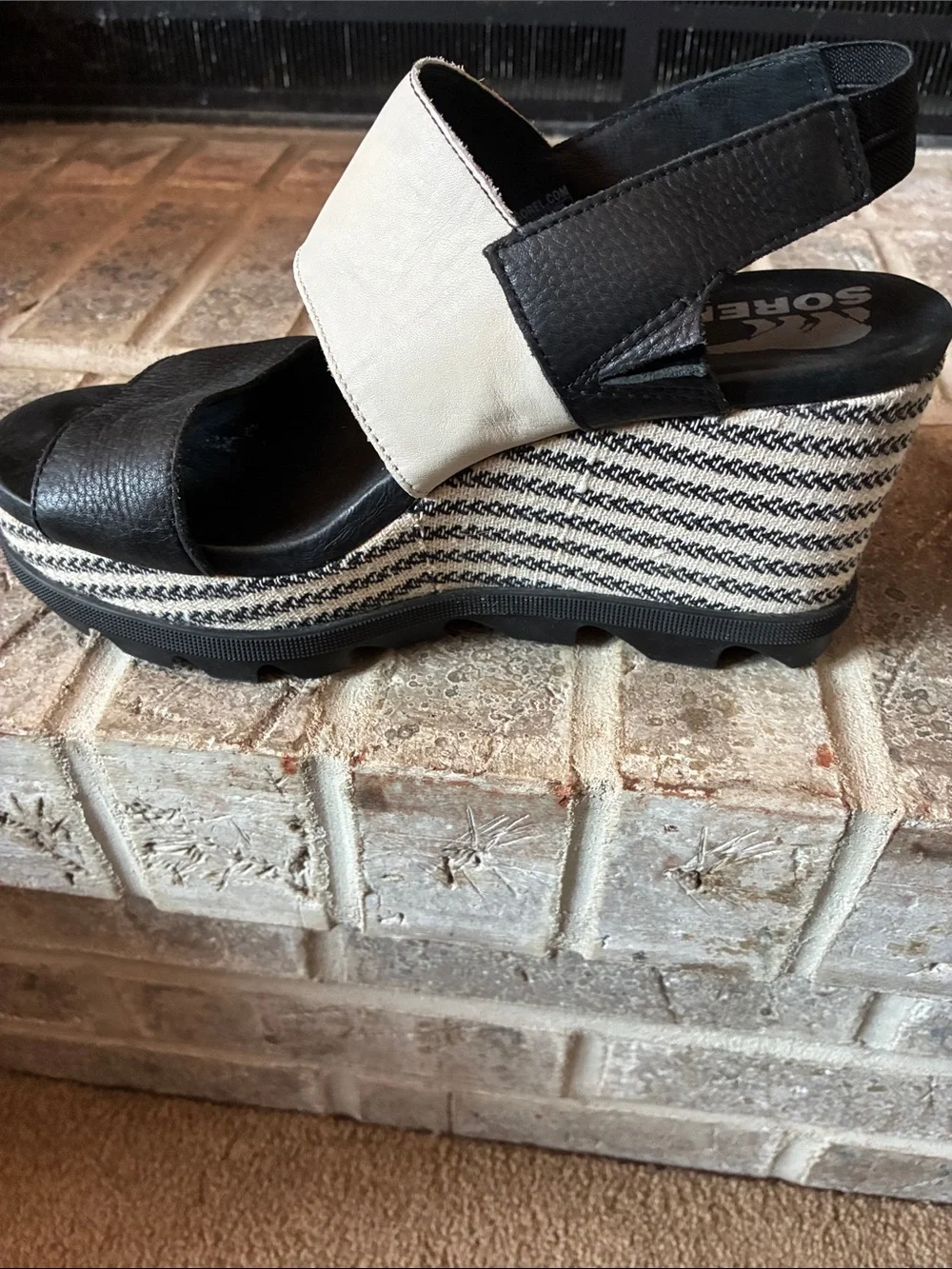 Sorel Wedge Sandals - Black & Cream Striped Platform